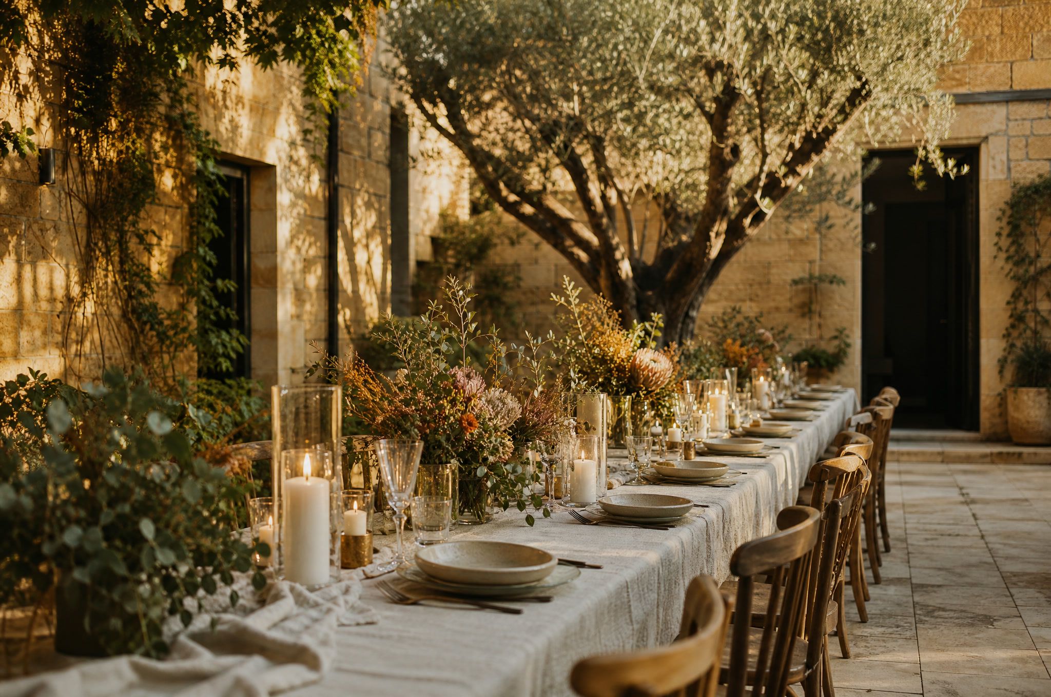 A long table set with linen, candles and native flowers in a sandstone courtyard