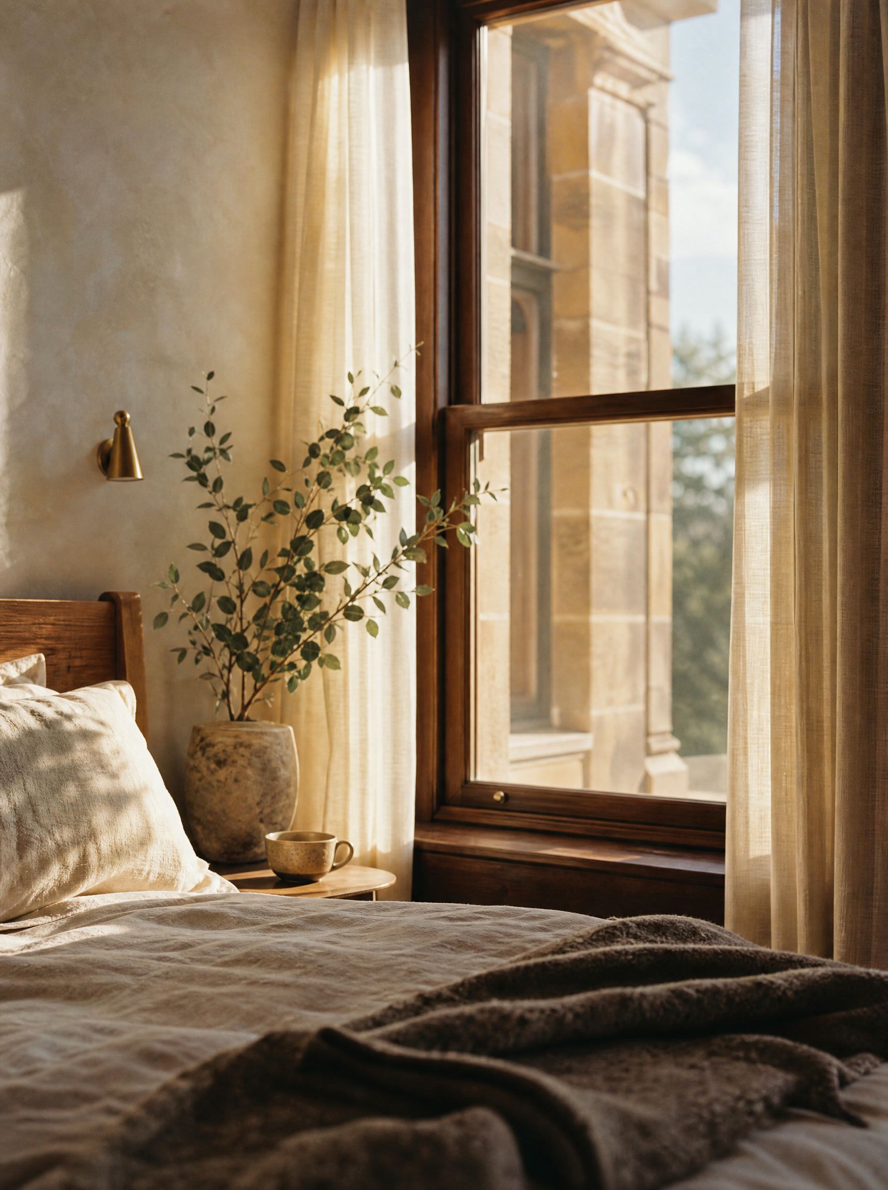 A hotel room at first light, the bed made with oat linen beside a tall timber window